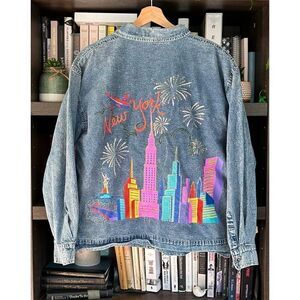 Vintage PEARLS New York Cityscape Hand Painted Embroidered Jacket Size Large